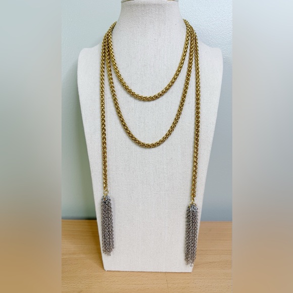 Vintage Jewelry - Gold and Silver Chunky Chain Tassel Lariat Necklace Flapper Girl Great Gatsby